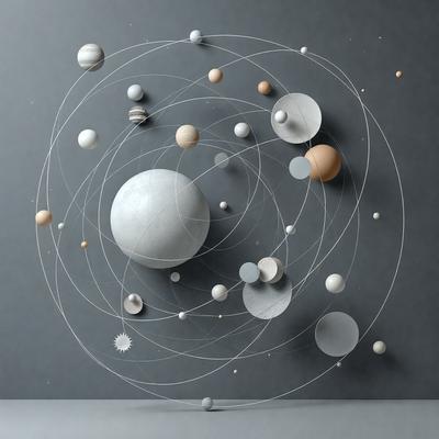 The primary subject of the image is a large, intricate model of the solar system, showcasing various planets and their positions relative to each other. The setting is a gray background, which provides a clean and uncluttered environment for the model. The visual style is a combination of digital art and illustration, creating a detailed and realistic representation of the solar system. The colors and mood of the image are predominantly neutral, with the gray background complementing the various shades of the planets and their orbits